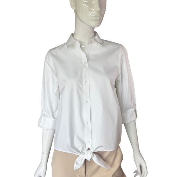 Chico's White Collared Button-Up Tie Front Cotton Shirt Size 0 (Small) - Picture 3 of 6